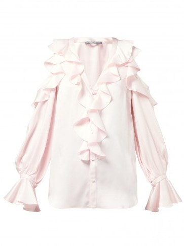 ALEXANDER MCQUEEN Ruffle-trim cut-out shoulder pink silk blouse ~ cold shoulder design - flipped