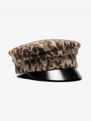 Ruslan Baginskiy Brown Furry Leopard Print Wool Blend Baker Boy Hat / hats / caps - flipped