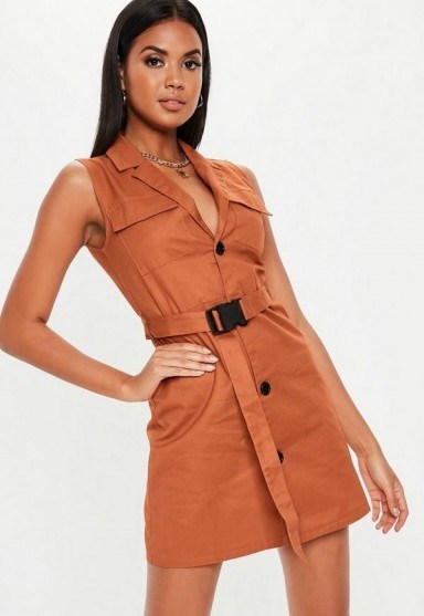 MISSGUIDED rust sleeveless belted blazer dress – orange-brown dresses - flipped