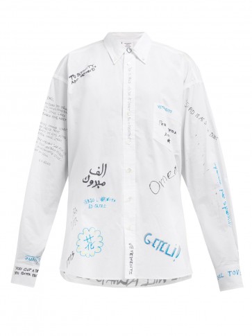 VETEMENTS Scribble-print cotton-poplin shirt in white / graffiti fashion