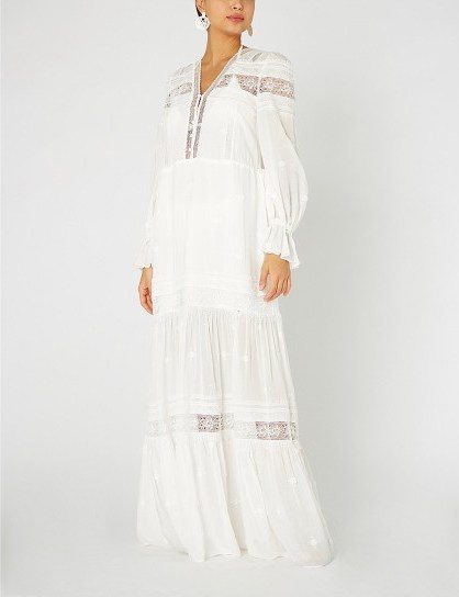 SELF PORTRAIT Loose-fit drawstring woven maxi dress in ivory ~ feminine bohemian clothing - flipped