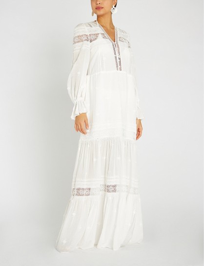 SELF PORTRAIT Loose-fit drawstring woven maxi dress in ivory ~ feminine bohemian clothing