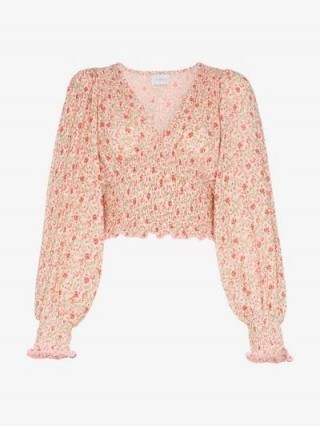 She Made Me Lia Floral Printed Blouse in pink | shirred cropped blouses - flipped