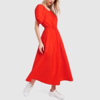 G. Label SHEELY PUFF-SLEEVE MIDI DRESS in Red | puffed sleeved dresses