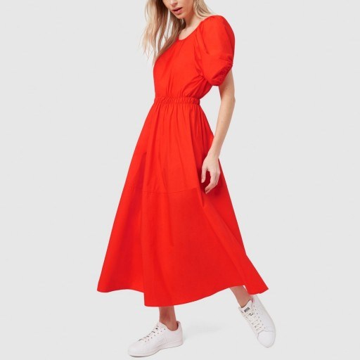 G. Label SHEELY PUFF-SLEEVE MIDI DRESS in Red | puffed sleeved dresses - flipped
