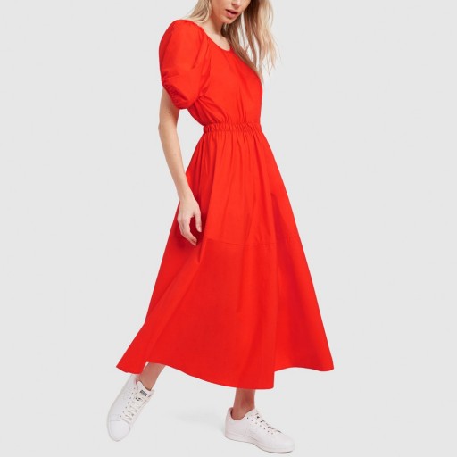 G. Label SHEELY PUFF-SLEEVE MIDI DRESS in Red | puffed sleeved dresses