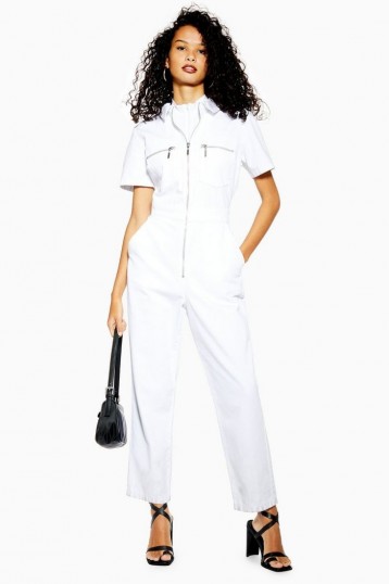 Topshop Short Sleeve Denim Boiler Suit in White | casual chic