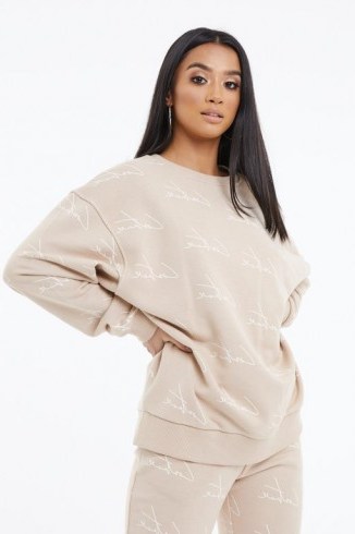 THE COUTURE CLUB SIGNATURE REPEAT PRINT SWEATER BEIGE ~ logo sweat top - flipped
