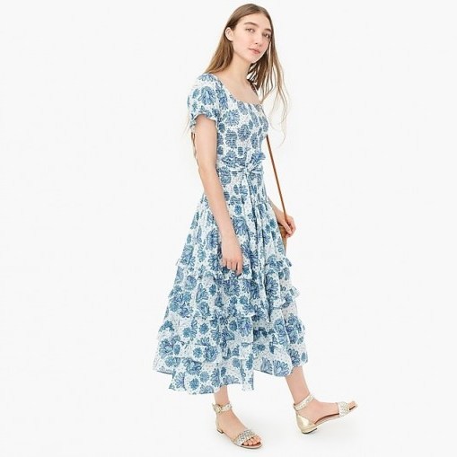 J.Crew Smocked prairie midi dress in floral cotton voile in Sage Sprig Ivory Sapphire | printed summer dresses - flipped