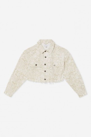 Topshop Snake Hacked Off Denim Jacket in White | cropped jackets - flipped