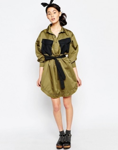 Sonia by Sonia Rykiel Military Shirt Dress in olive & black – as worn by Leigh Anne Pinnock on Instagram, 29 September 2015. Celebrity fashion | star style clothing | designer dresses | what celebrities wear | Little Mix - flipped
