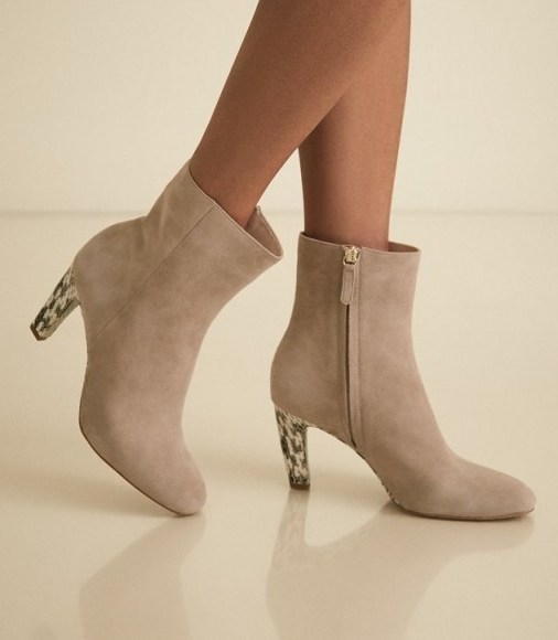 REISS SOPHIA SUEDE ANKLE BOOTS WITH SNAKE DETAIL TAUPE ~ neutral booties - flipped