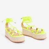 EGO Sophina Lace Up Espadrille Flatform Sandal In Neon Yellow Faux Leather ~ strappy flatforms