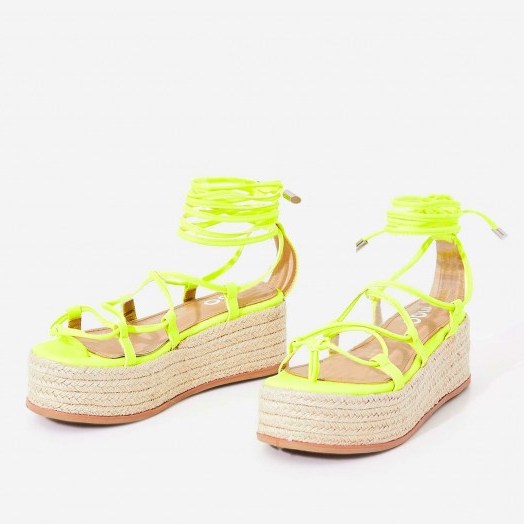EGO Sophina Lace Up Espadrille Flatform Sandal In Neon Yellow Faux Leather ~ strappy flatforms - flipped