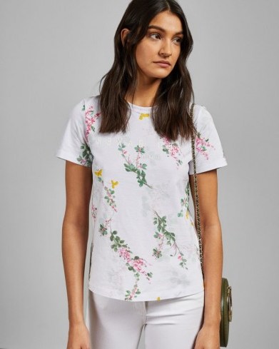 TED BAKER MALVANI Sorbet printed cotton T-shirt in white / floral and logo print tee - flipped