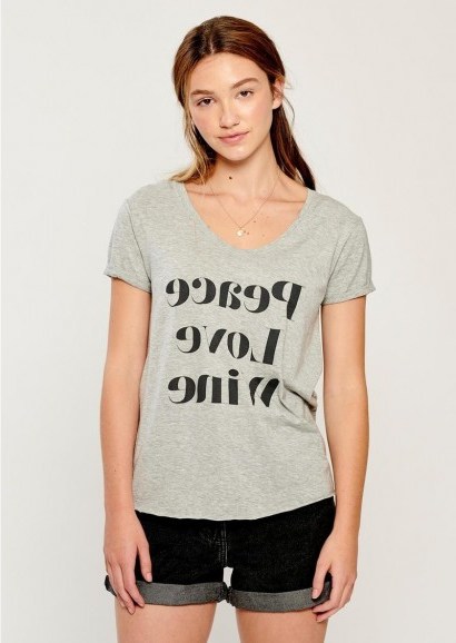 The Dressing Room SOUTH PARADE VALERIE PEACE, LOVE, WINE T-SHIRT – GREY – short sleeve cotton tee – wide v neckline - flipped