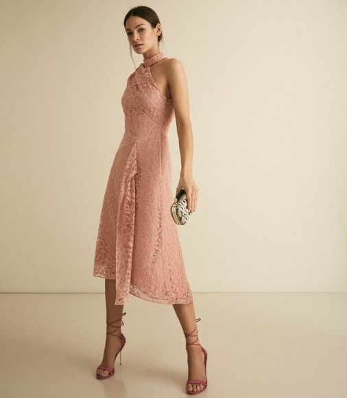 Reiss STEPHIE ASYMMETRIC LACE DRESS BLUSH ~ light-pink occasion dresses - flipped