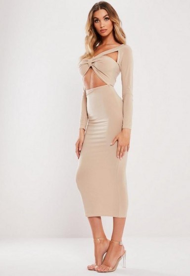 MISSGUIDED stone slinky cut out knot front midi dress ~ going out glamour - flipped