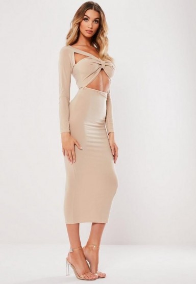 MISSGUIDED stone slinky cut out knot front midi dress ~ going out glamour