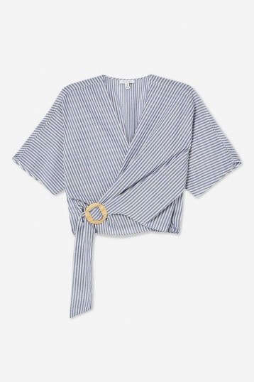 Topshop Stripe Buckle Wrap Blouse in Navy Blue | fresh spring / summer tops - flipped