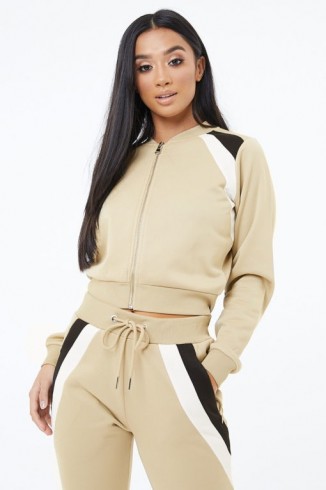 THE COUTURE CLUB STRIPE PANEL CROPPED BOMBER BEIGE ~ casual sports style