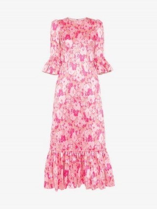 The Vampire’s Wife The Juno Floral Print Silk Dress in Pink / frill trimmed dresses - flipped