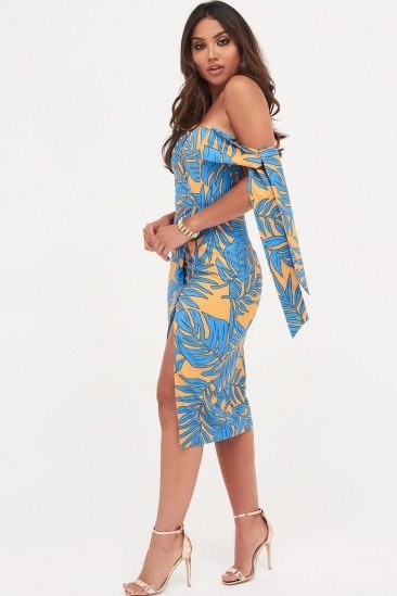 LAVISH ALICE tie sleeve detail wrap midi dress with fold in palm print | off shoulder party dresses - flipped