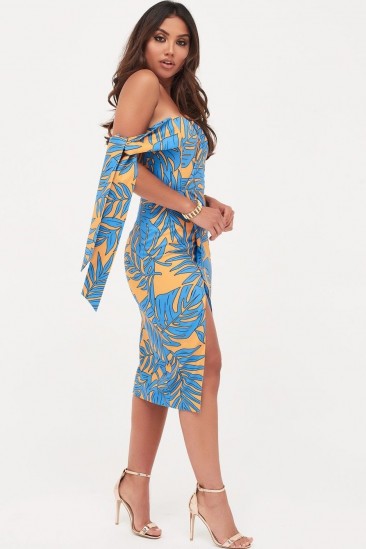 LAVISH ALICE tie sleeve detail wrap midi dress with fold in palm print | off shoulder party dresses