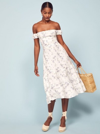 Reformation Toulouse Dress in Madeline | floral bardot fit and flare - flipped