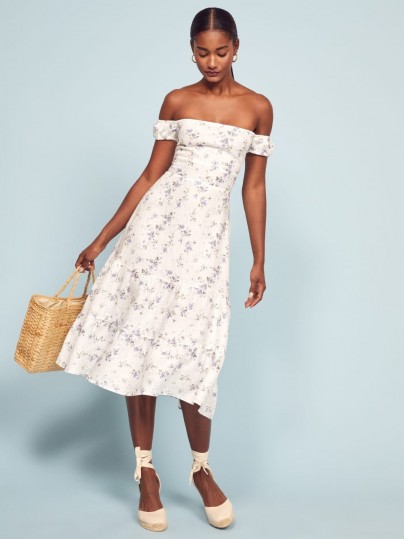 Reformation Toulouse Dress in Madeline | floral bardot fit and flare