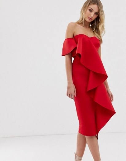 True Violet bandeau midi dress with frill detail in red | bardot party dresses - flipped