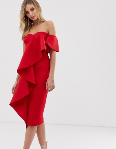 True Violet bandeau midi dress with frill detail in red | bardot party dresses