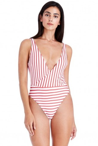 V NECK STRIPED SWIMSUIT – REDSTRIPE | Goddiva | nautical themed design swimsuit and swimwear - flipped