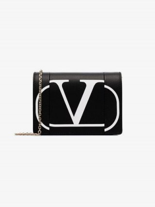 Valentino Black Garavani Chain Strap Logo Print Leather Cross Body Bag / small designer crossbody - flipped