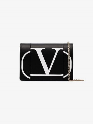 Valentino Black Garavani Chain Strap Logo Print Leather Cross Body Bag / small designer crossbody