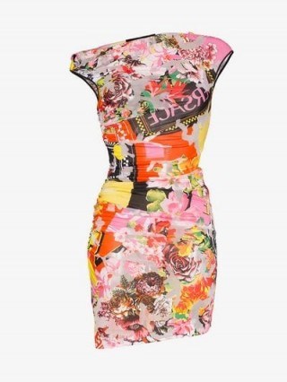 Versace Floralmania Print Draped Mini Dress / asymmetric neckline bodycon - flipped