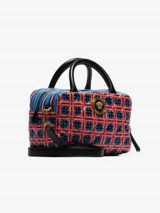 Versace Red And Blue Quilted Top Handle Leather Cross Body Bag / checked print handbag - flipped