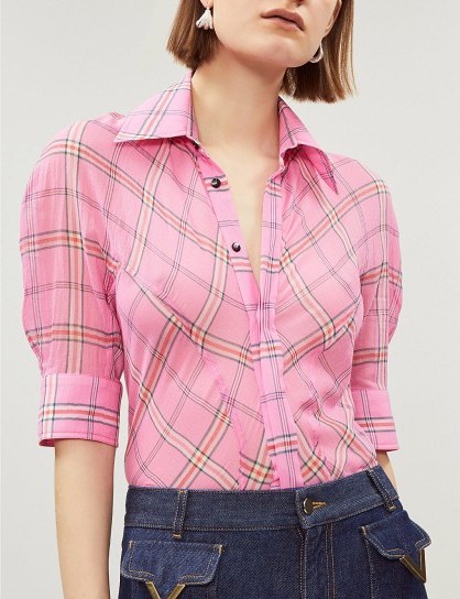 VICTORIA VICTORIA BECKHAM Checked cotton and silk-blend shirt in hot-pink - flipped
