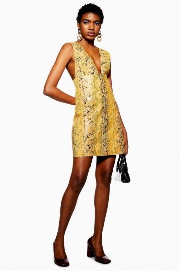 TOPSHOP Vinyl Snake Leather Pinafore Dress in Ochre - flipped