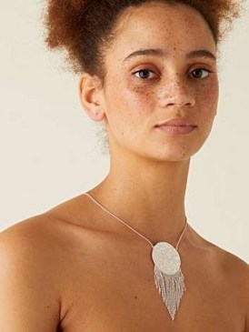 Oliver Bonas Viola Disc & Tassel Silver Plated Pendant Necklace / tasseled boho necklaces / bohemian jewellery - flipped