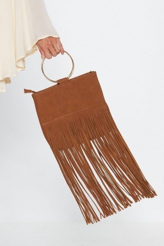 NASTY GAL Fringe on This Circle Handle Bag in Tan ~ brown boho bags - flipped