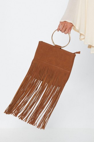 NASTY GAL Fringe on This Circle Handle Bag in Tan ~ brown boho bags