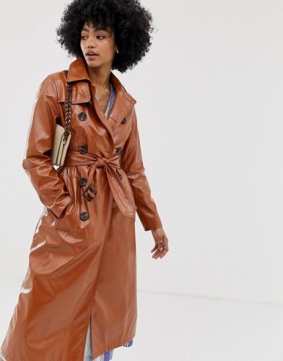 Warehouse patent trench coat in tan | glossy brown belted mac | spring outerwear - flipped