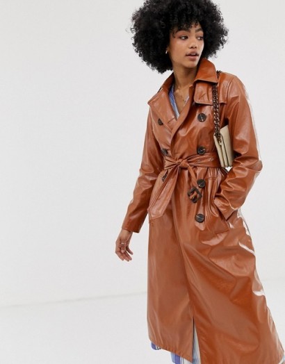Warehouse patent trench coat in tan | glossy brown belted mac | spring outerwear