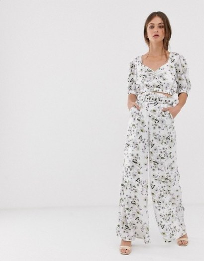 We Are Kindred Frenchie palazzo pants in white bouquet | spring floral trousers - flipped