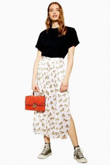 Topshop Western Horse Wrap Midi Skirt in Ivory | side slit skirts