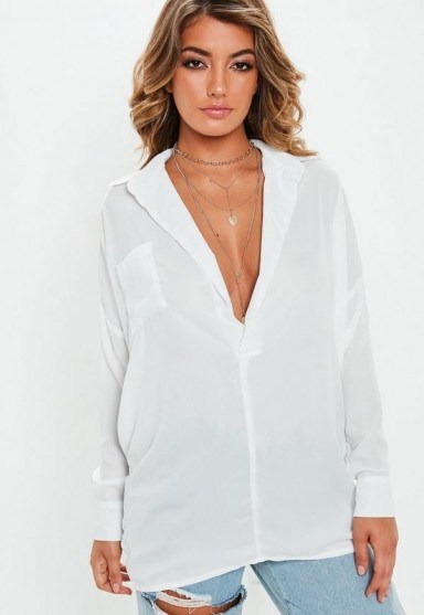 Missguided white oversized plunge tunic | longline plunging shirts - flipped