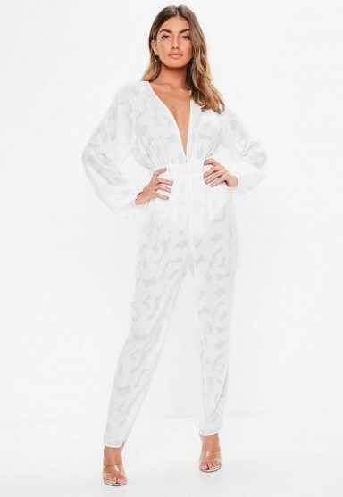 Missguided white plunge bell sleeve jumpsuit | plunging jumpsuits - flipped