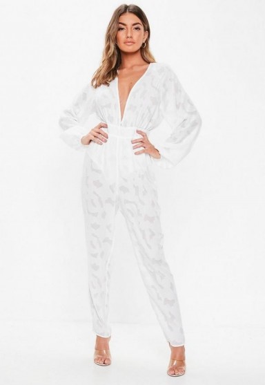 Missguided white plunge bell sleeve jumpsuit | plunging jumpsuits