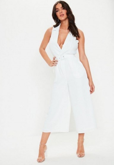 Missguided white sleeveless culotte blazer jumpsuit | plunge front | cropped leg - flipped